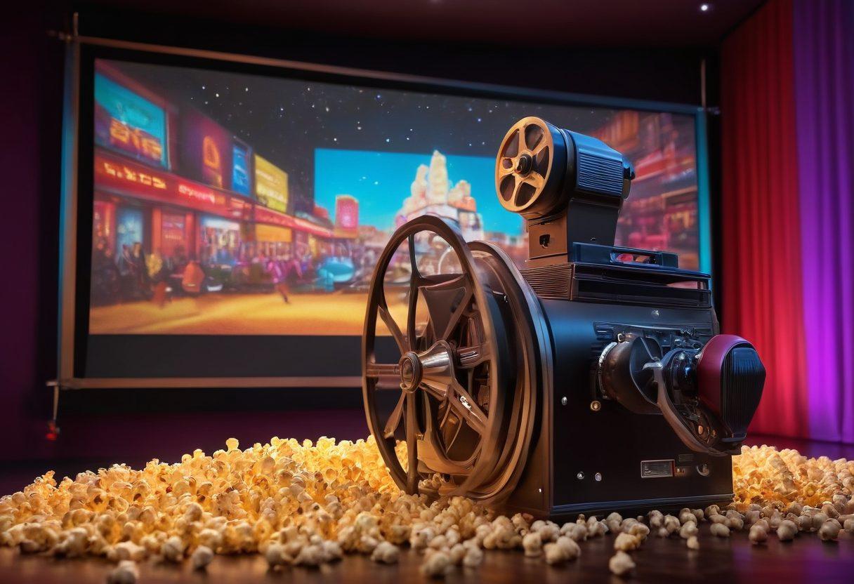 A cinematic scene showcasing a vintage film projector casting colorful light onto a giant movie screen displaying iconic movie scenes. Surrounding the screen are enthusiastic moviegoers immersed in the experience, popcorn in hand, with a backdrop of film reels and vibrant cinema-themed decorations. The atmosphere is lively and magical, capturing the essence of movie excitement. super-realistic. vibrant colors. 3D.