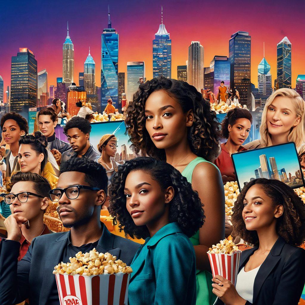 A dynamic collage showcasing a diverse group of people engaging with various streaming services on multiple devices, surrounded by vibrant film elements like popcorn, movie reels, and bright film posters. Include a futuristic city skyline in the background to symbolize the evolving nature of entertainment. The scene should convey excitement and innovation in film and streaming. super-realistic. vibrant colors. 3D.